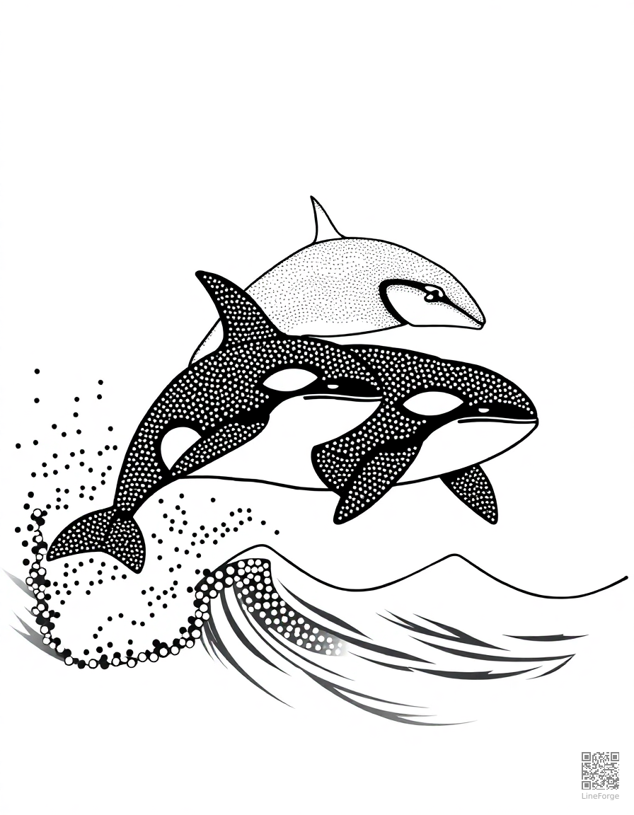 An orca pod swimming together through waves coloring page Stipple style - free printable