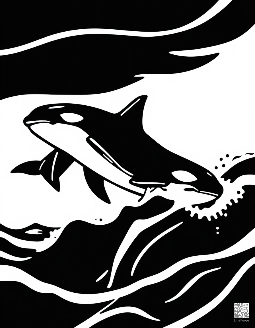 An orca pod swimming together through waves coloring page Woodcut style - free printable