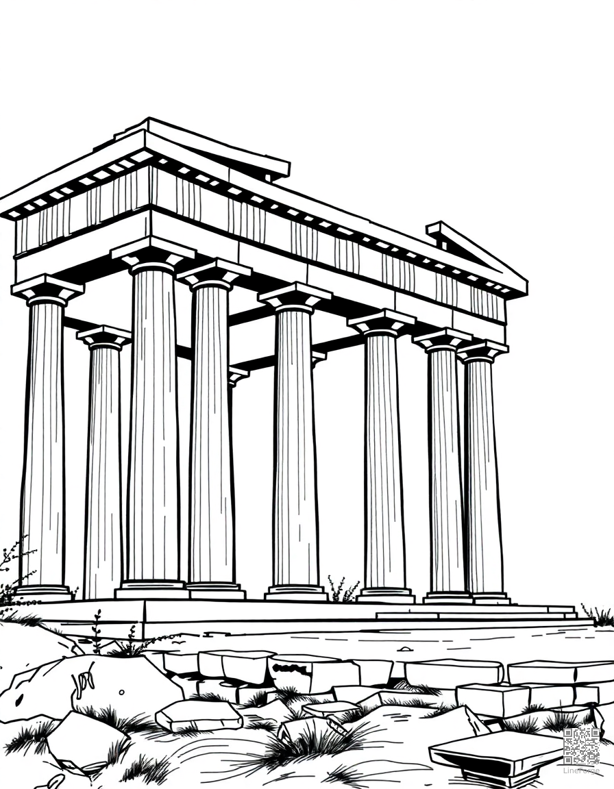 Ancient Greek temple with columns coloring page Manga style free printable