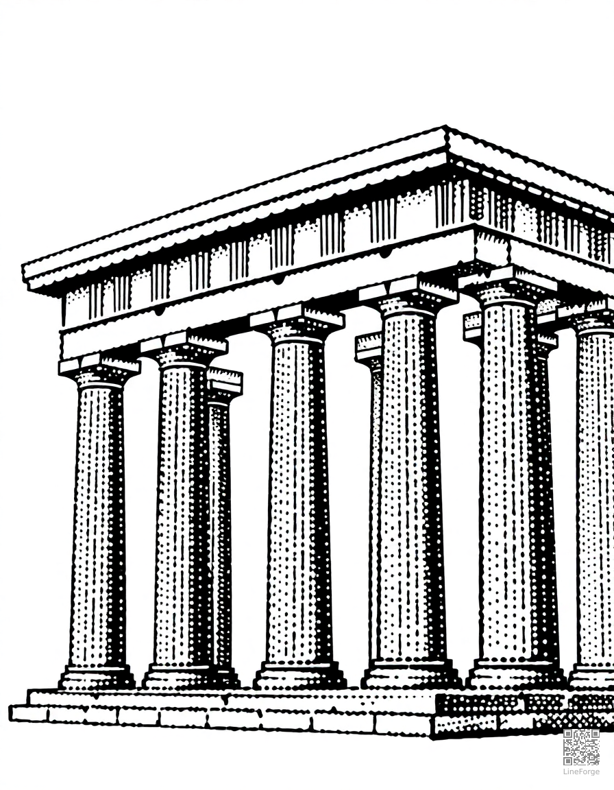 Ancient Greek temple with columns coloring page Stipple style free printable