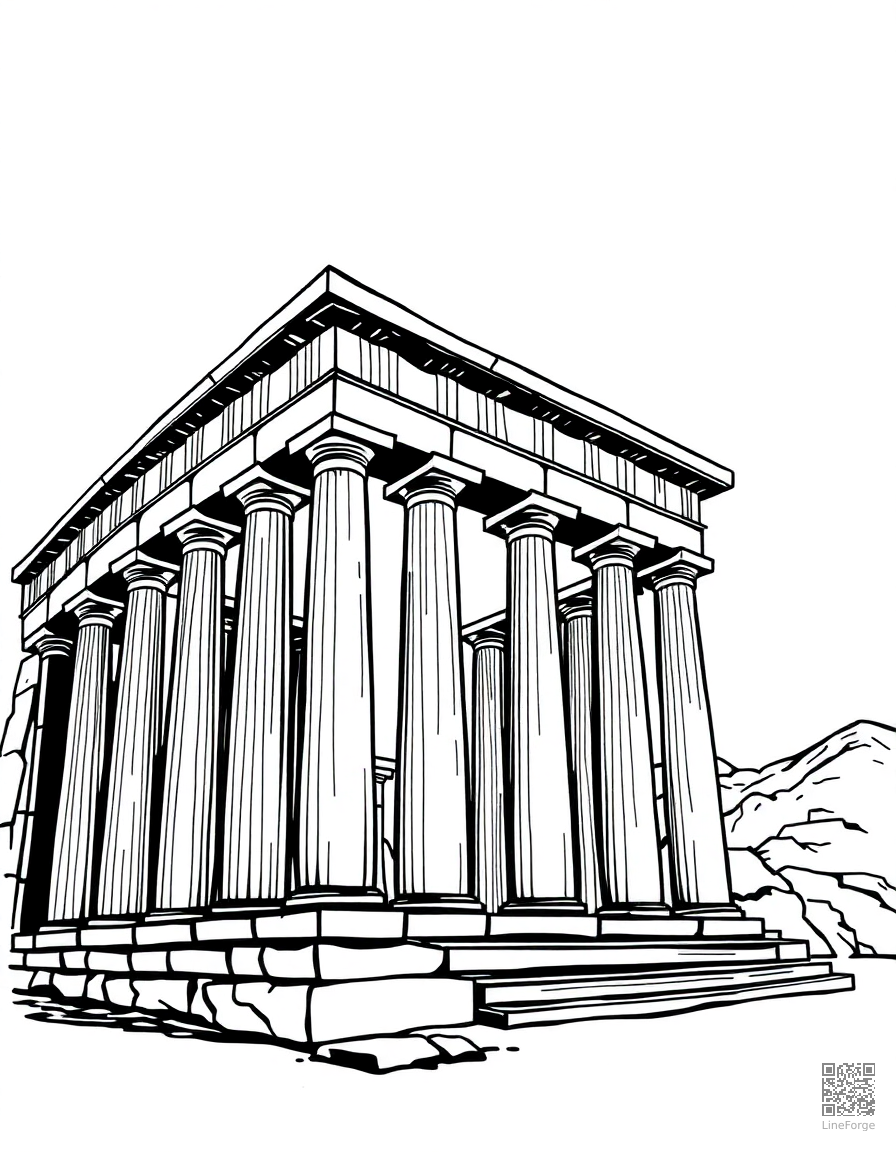 Ancient Greek temple with columns coloring page Woodcut style free printable