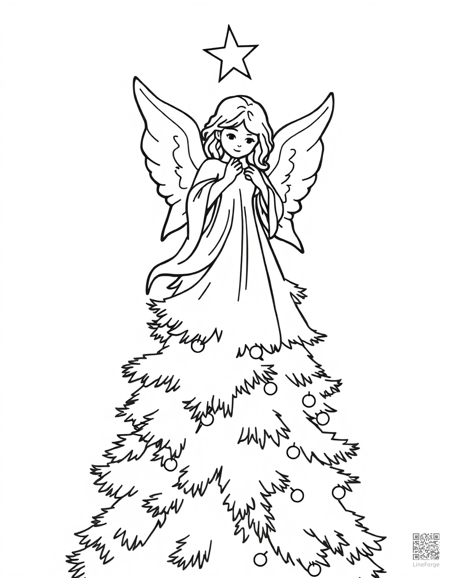 angel on top of a christmas tree coloring page Contour style - free printable