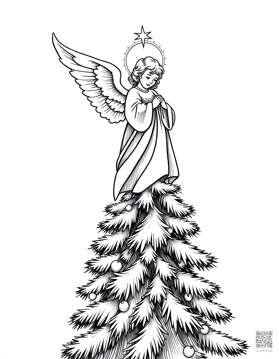 angel on top of a christmas tree coloring page Crosshatch style - free printable