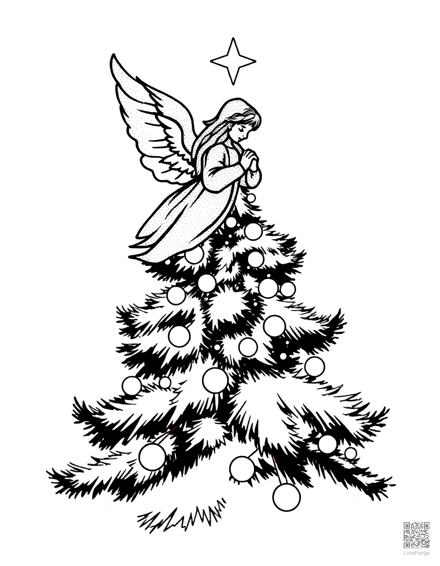 angel on top of a christmas tree coloring page Stipple style - free printable