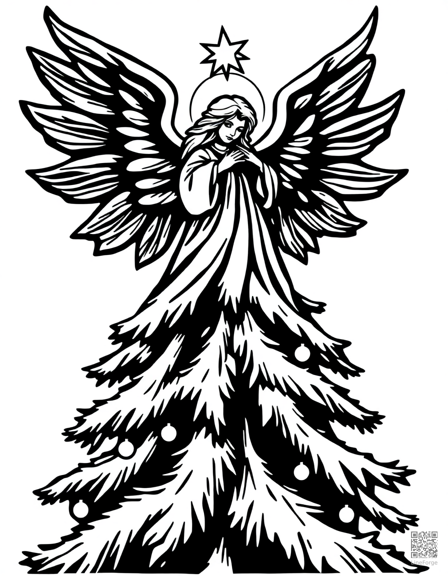 angel on top of a christmas tree coloring page Woodcut style - free printable