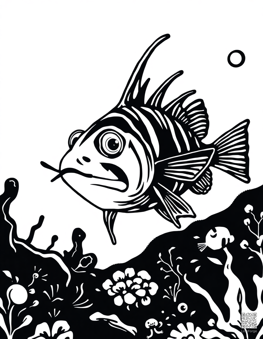 anglerfish in the deep dark ocean coloring page Woodcut style - free printable