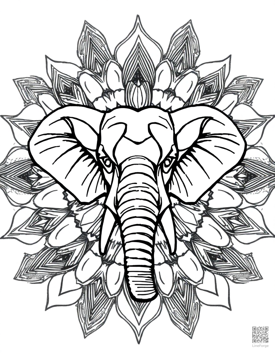 animal mandala with elephant motif coloring page Crosshatch style free printable