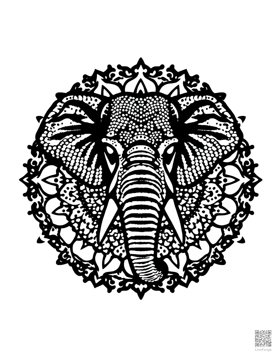 animal mandala with elephant motif coloring page Stipple style free printable