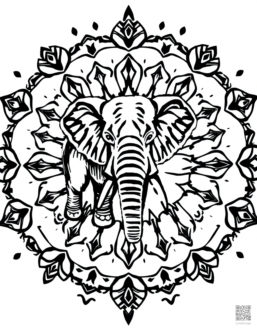 animal mandala with elephant motif coloring page Woodcut style free printable