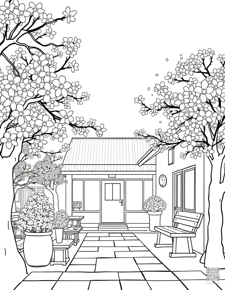 anime style cherry blossom school scene coloring page Contour style - free printable