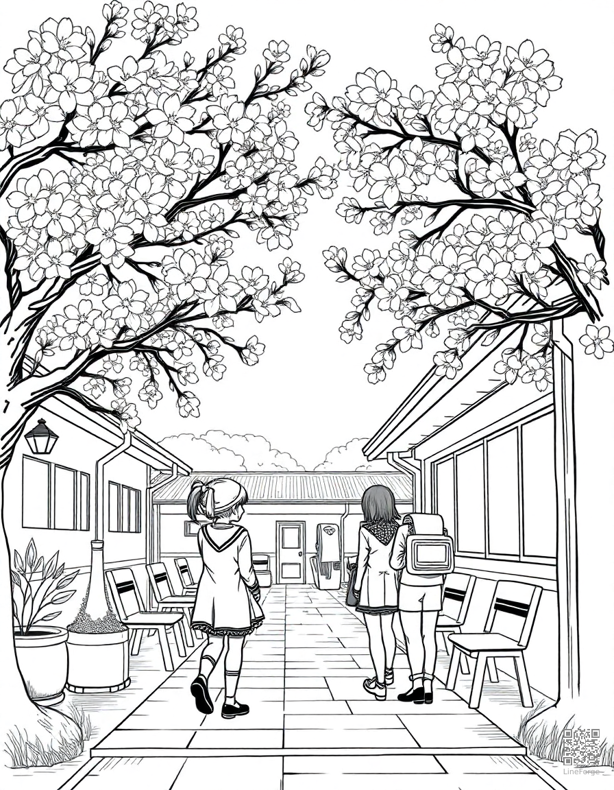 anime style cherry blossom school scene coloring page Manga style - free printable