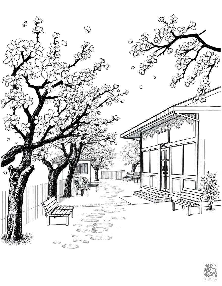 anime style cherry blossom school scene coloring page Stipple style - free printable