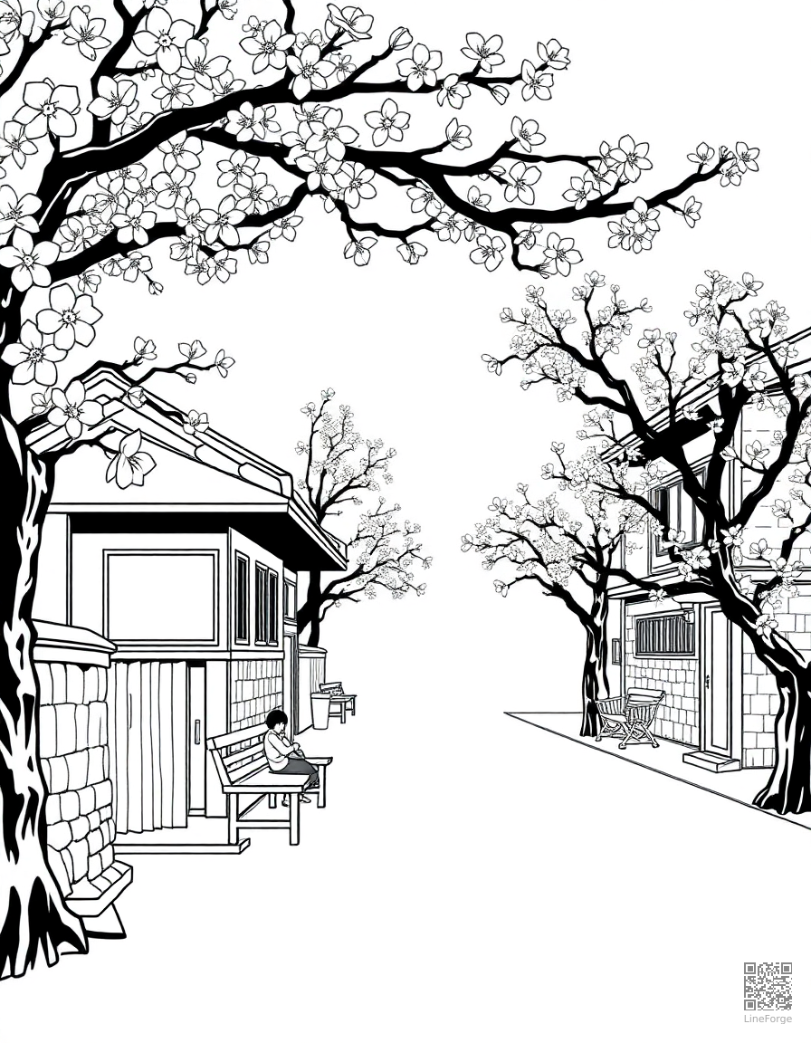 anime style cherry blossom school scene coloring page Woodcut style - free printable