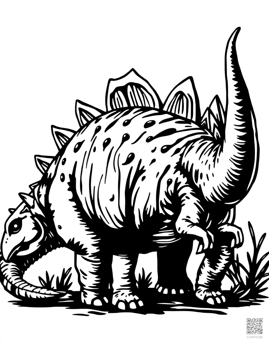 ankylosaurus with its armored back and club tail coloring page Woodcut style - free printable