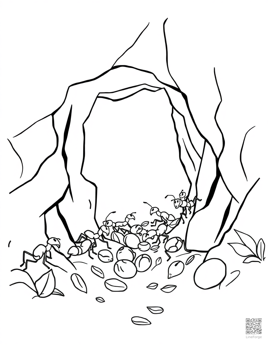 ant colony carrying food underground coloring page Contour style - free printable