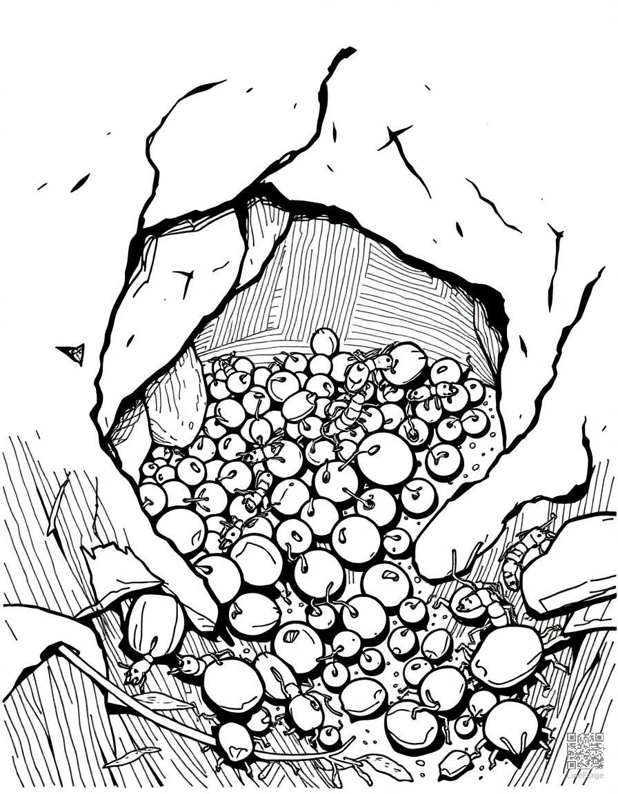 ant colony carrying food underground coloring page Crosshatch style - free printable