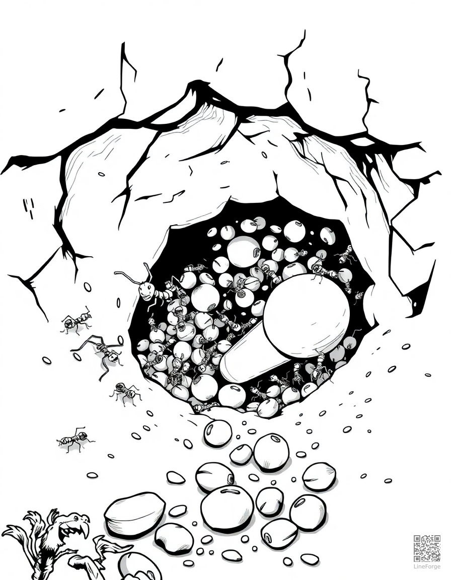 ant colony carrying food underground coloring page Manga style - free printable