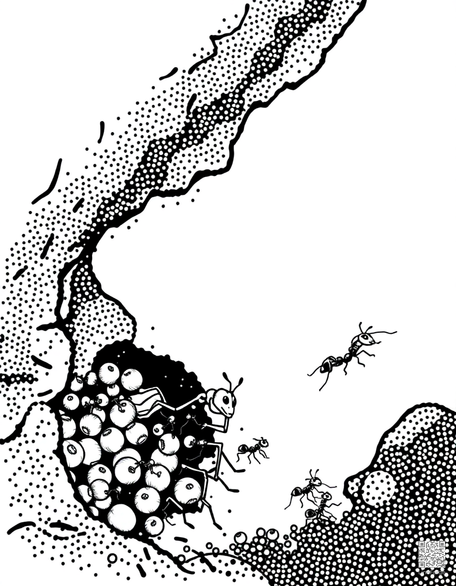 ant colony carrying food underground coloring page Stipple style - free printable