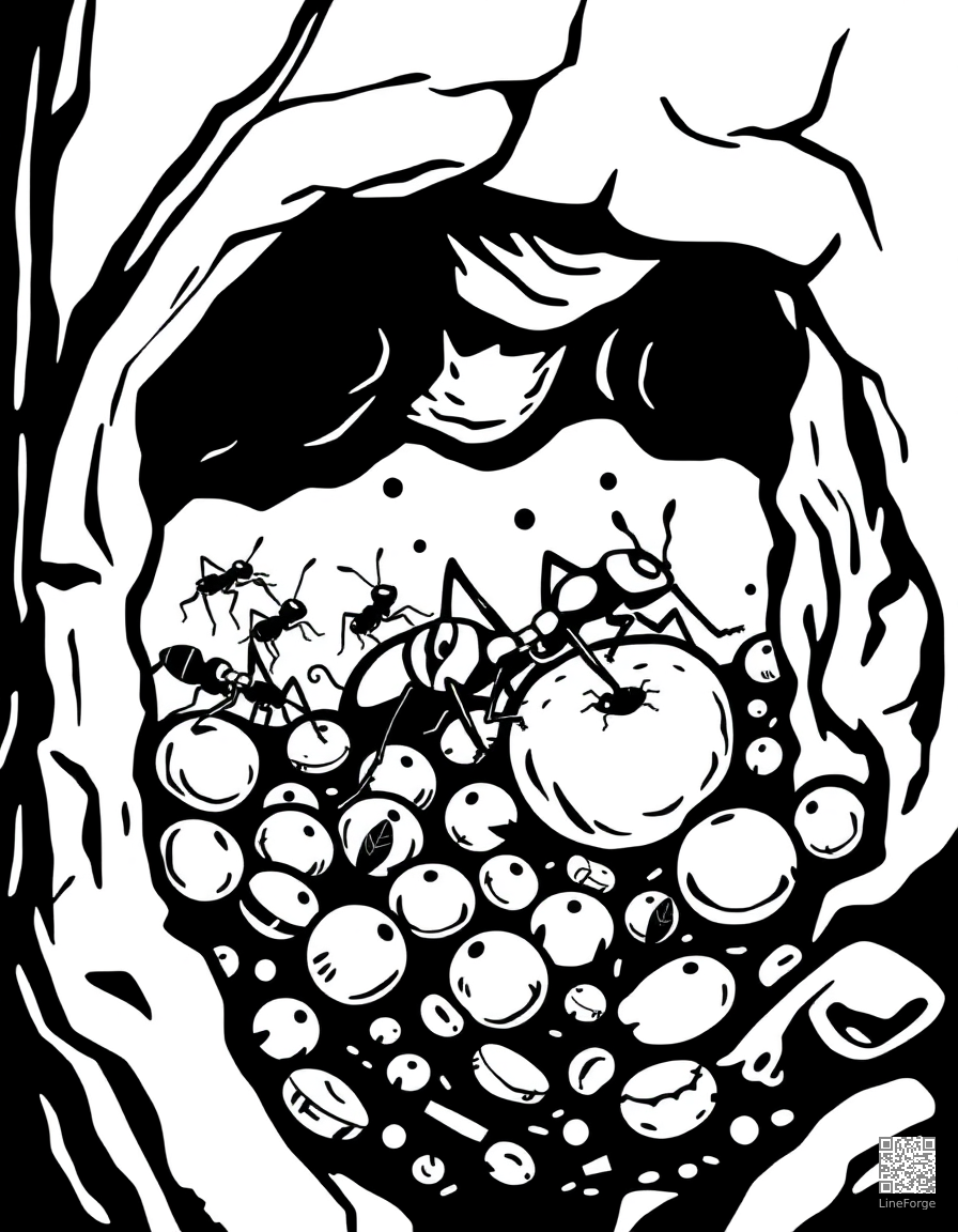 ant colony carrying food underground coloring page Woodcut style - free printable