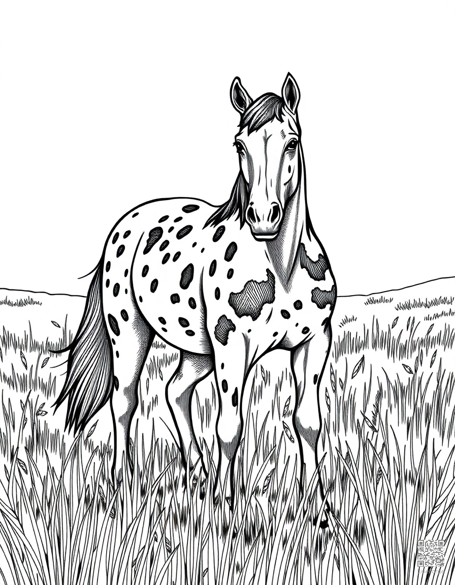 appaloosa horse with spotted coat in a meadow coloring page Crosshatch style - free printable