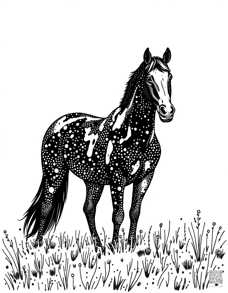 appaloosa horse with spotted coat in a meadow coloring page Stipple style - free printable