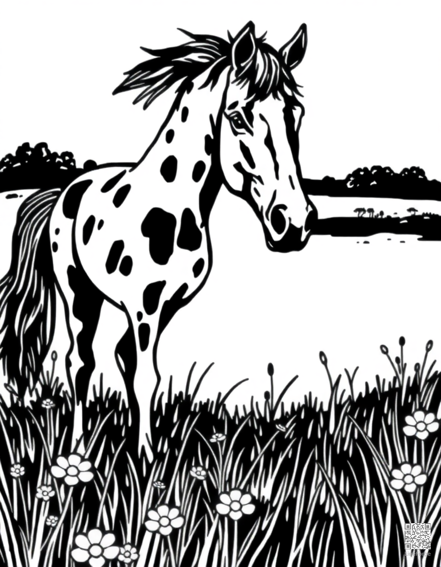 appaloosa horse with spotted coat in a meadow coloring page Woodcut style - free printable