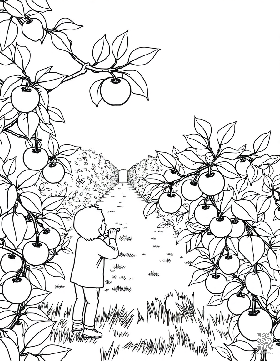 apple picking at an orchard coloring page Contour style - free printable
