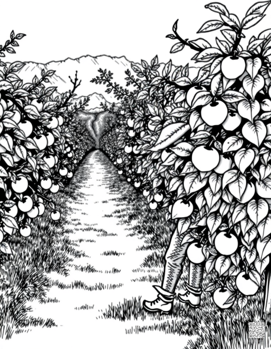 apple picking at an orchard coloring page Crosshatch style - free printable