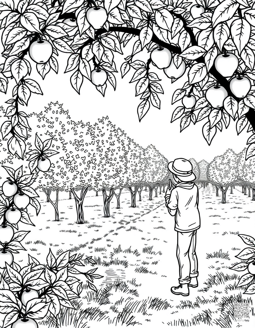 apple picking at an orchard coloring page Manga style - free printable
