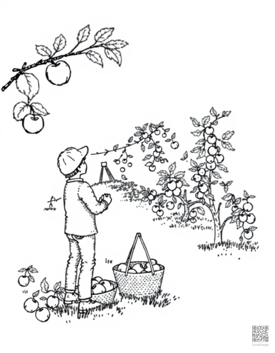 apple picking at an orchard coloring page Stipple style - free printable