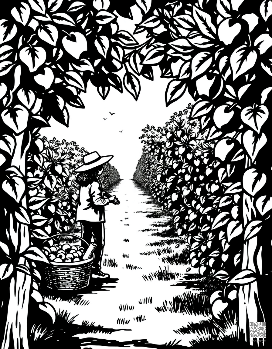 apple picking at an orchard coloring page Woodcut style - free printable