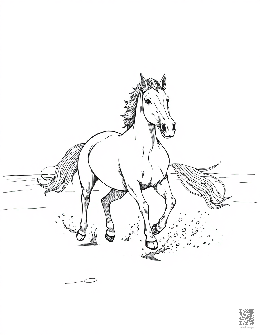 arabian horse running along a sandy beach coloring page Crosshatch style - free printable