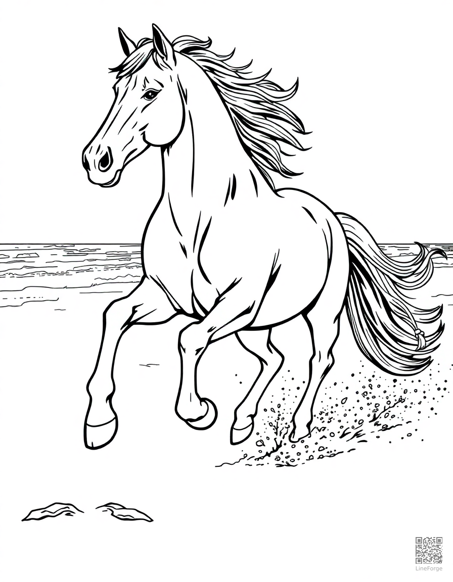 arabian horse running along a sandy beach coloring page Manga style - free printable