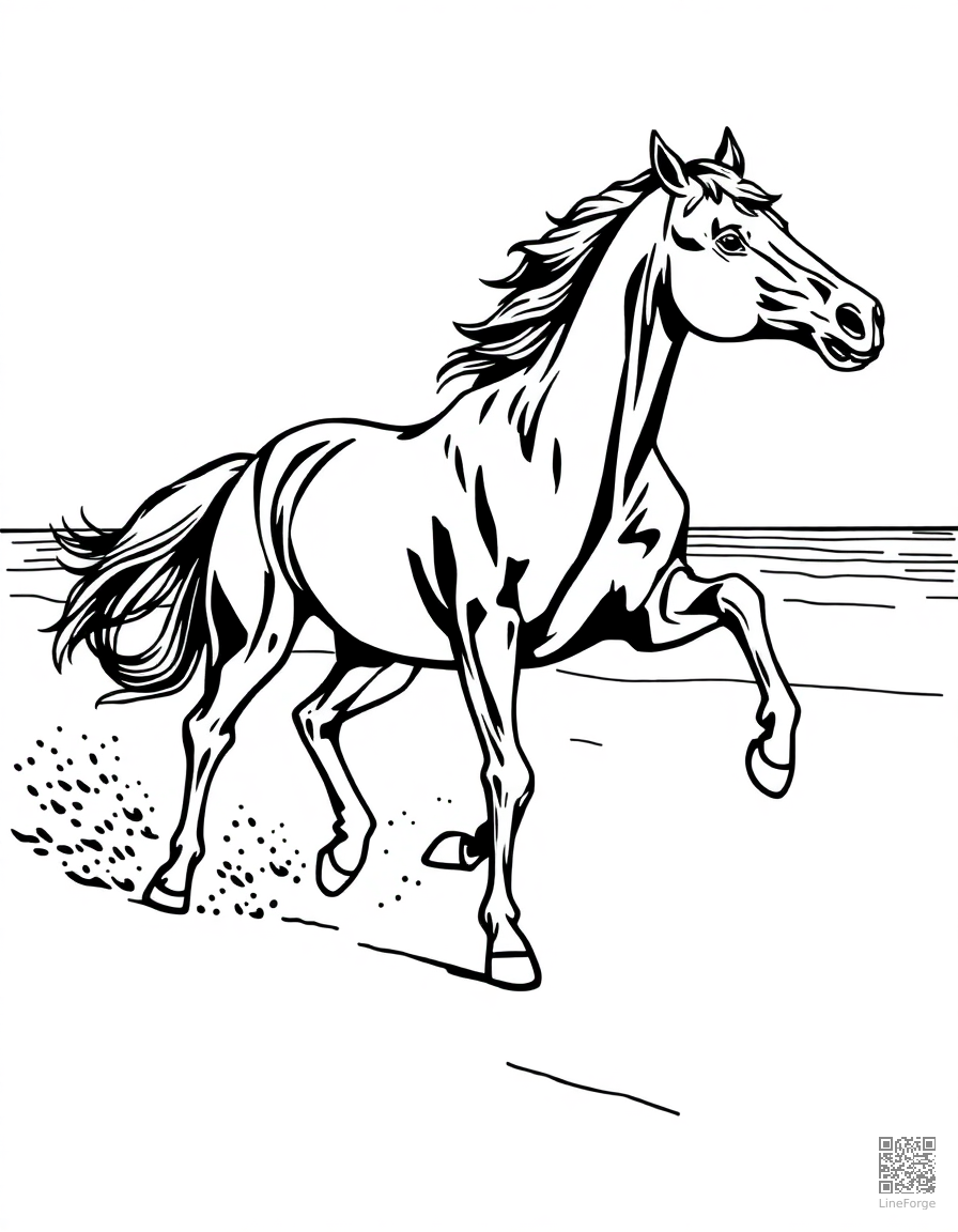 arabian horse running along a sandy beach coloring page Woodcut style - free printable