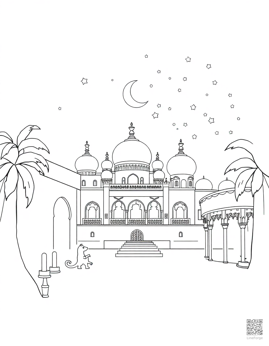 arabian nights scene with palace and stars coloring page Contour style - free printable
