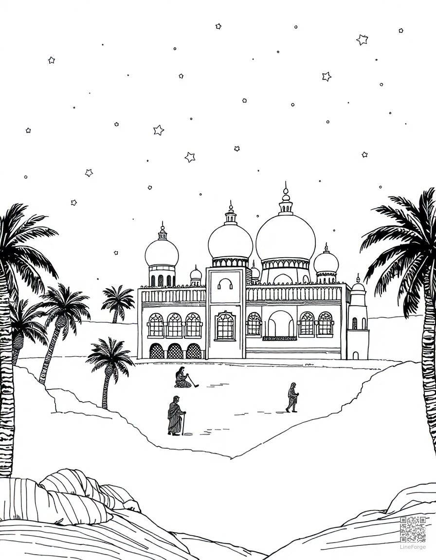 arabian nights scene with palace and stars coloring page Crosshatch style - free printable