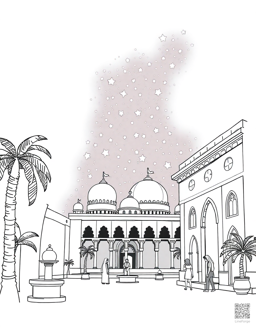 arabian nights scene with palace and stars coloring page Manga style - free printable
