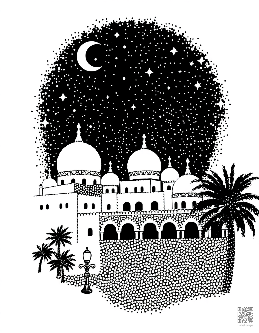 arabian nights scene with palace and stars coloring page Stipple style - free printable