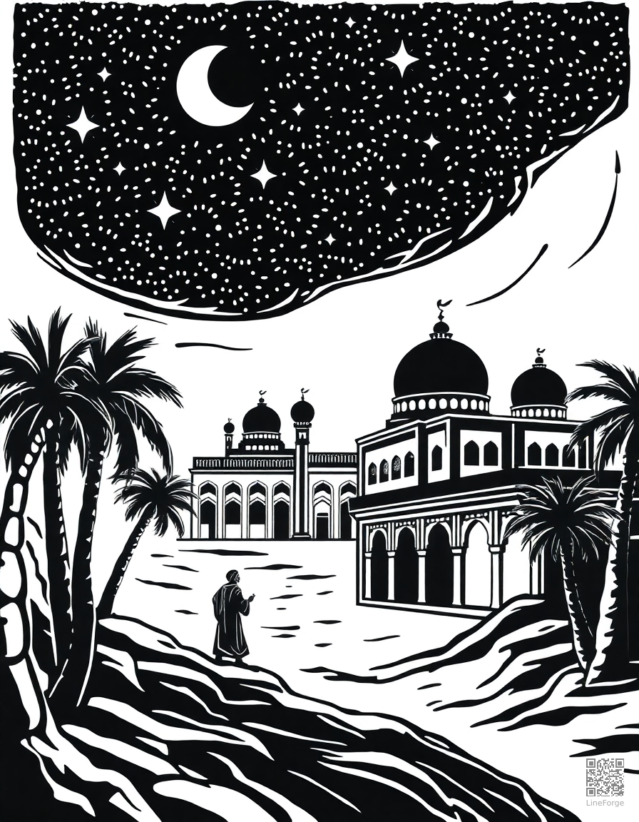 arabian nights scene with palace and stars coloring page Woodcut style - free printable