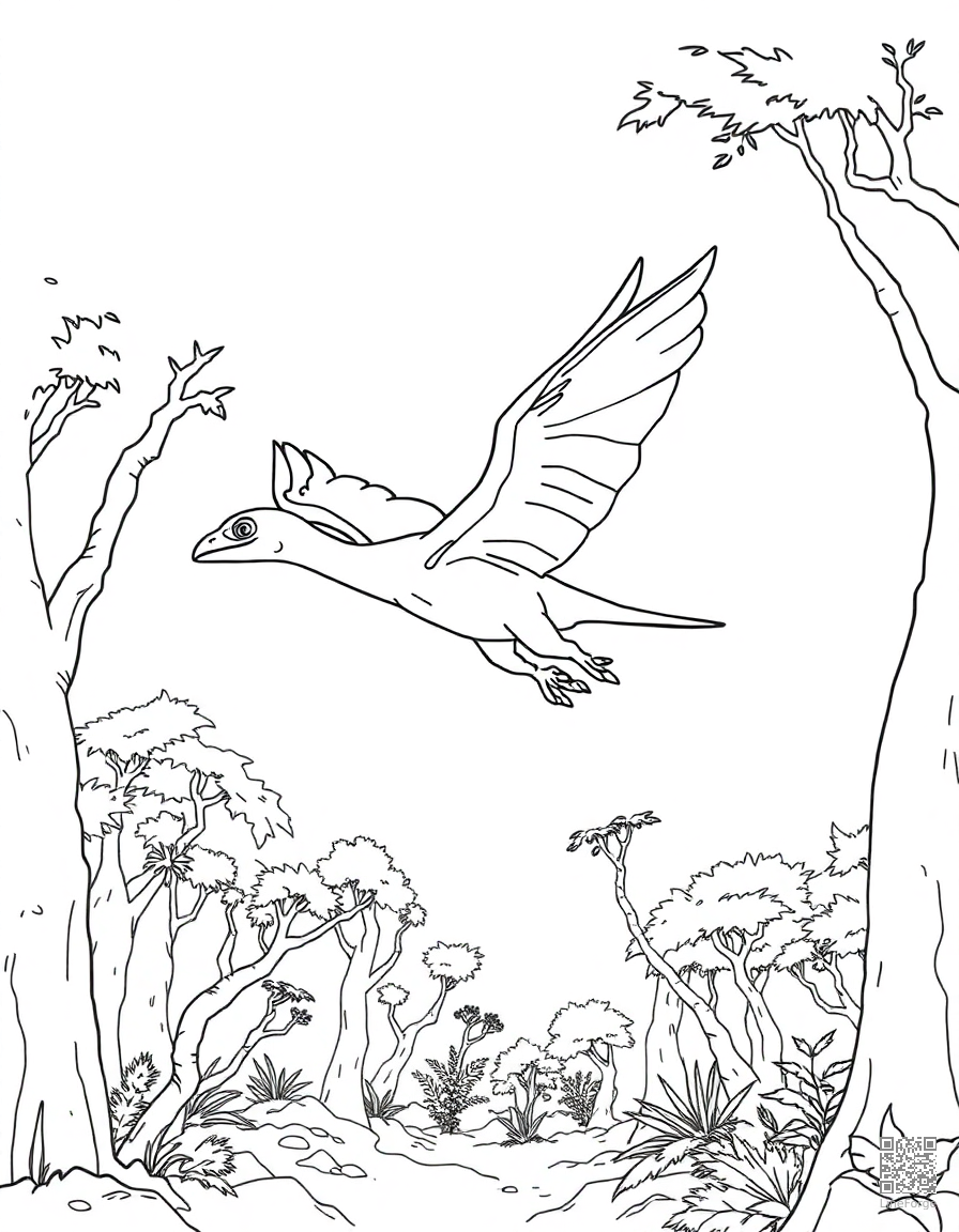 Free archaeopteryx flying between ancient trees coloring page in contour style — printable line art