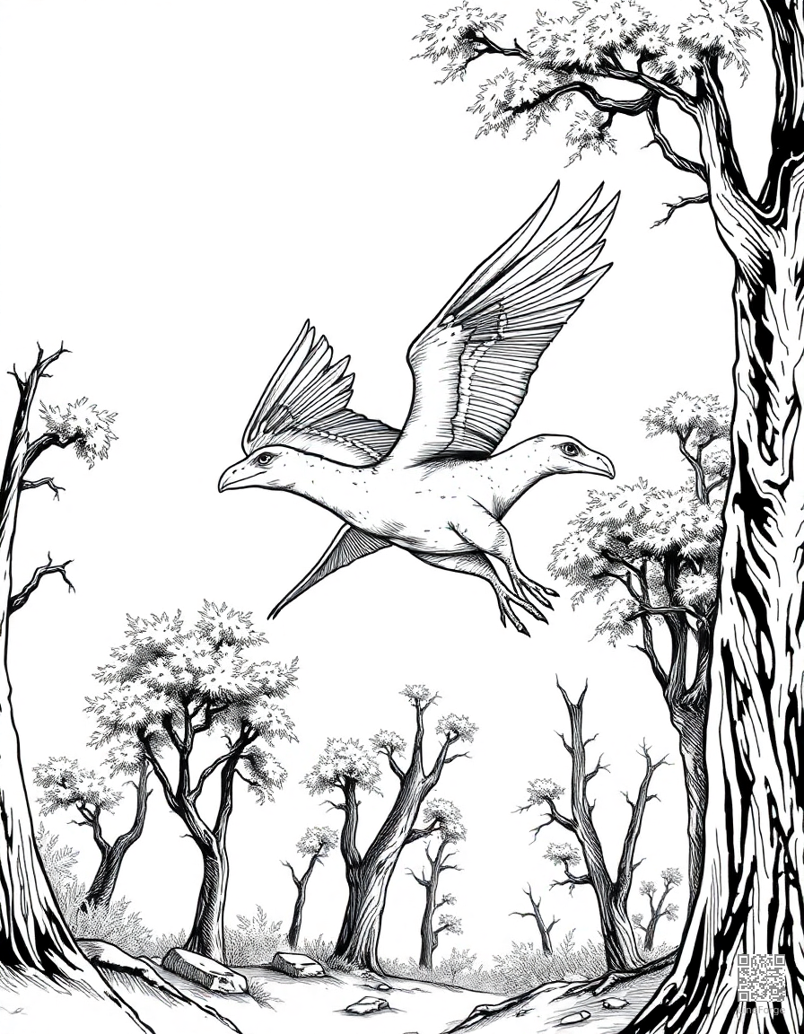 archaeopteryx flying between ancient trees coloring page Crosshatch style free printable