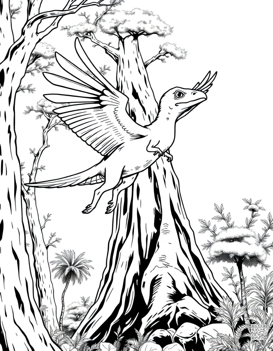 archaeopteryx flying between ancient trees coloring page Manga style free printable