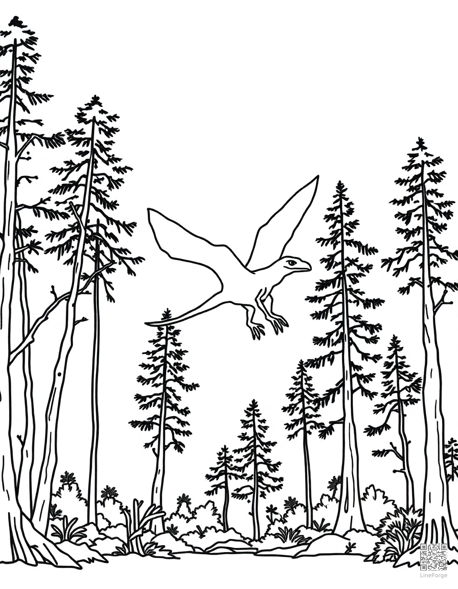 Free archaeopteryx flying between ancient trees coloring page in minimal style — printable line art