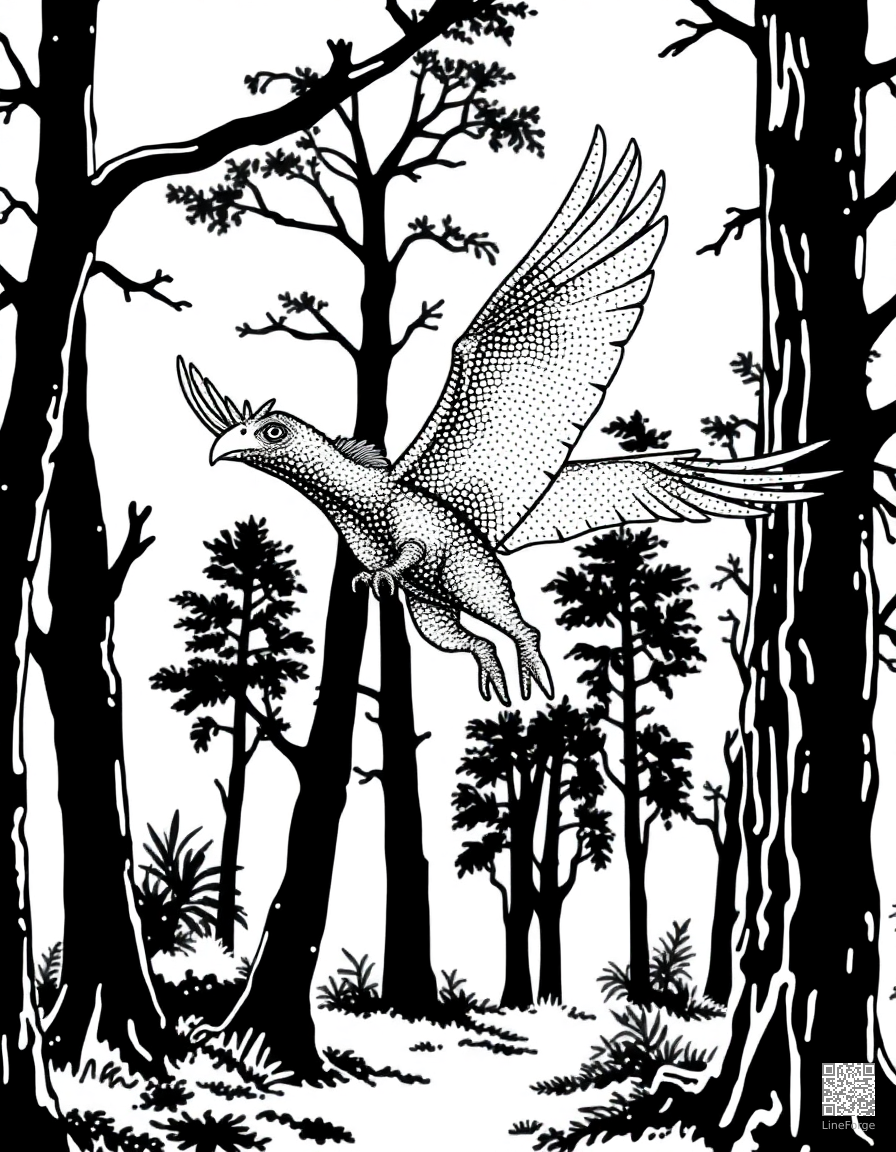 archaeopteryx flying between ancient trees coloring page Stipple style free printable