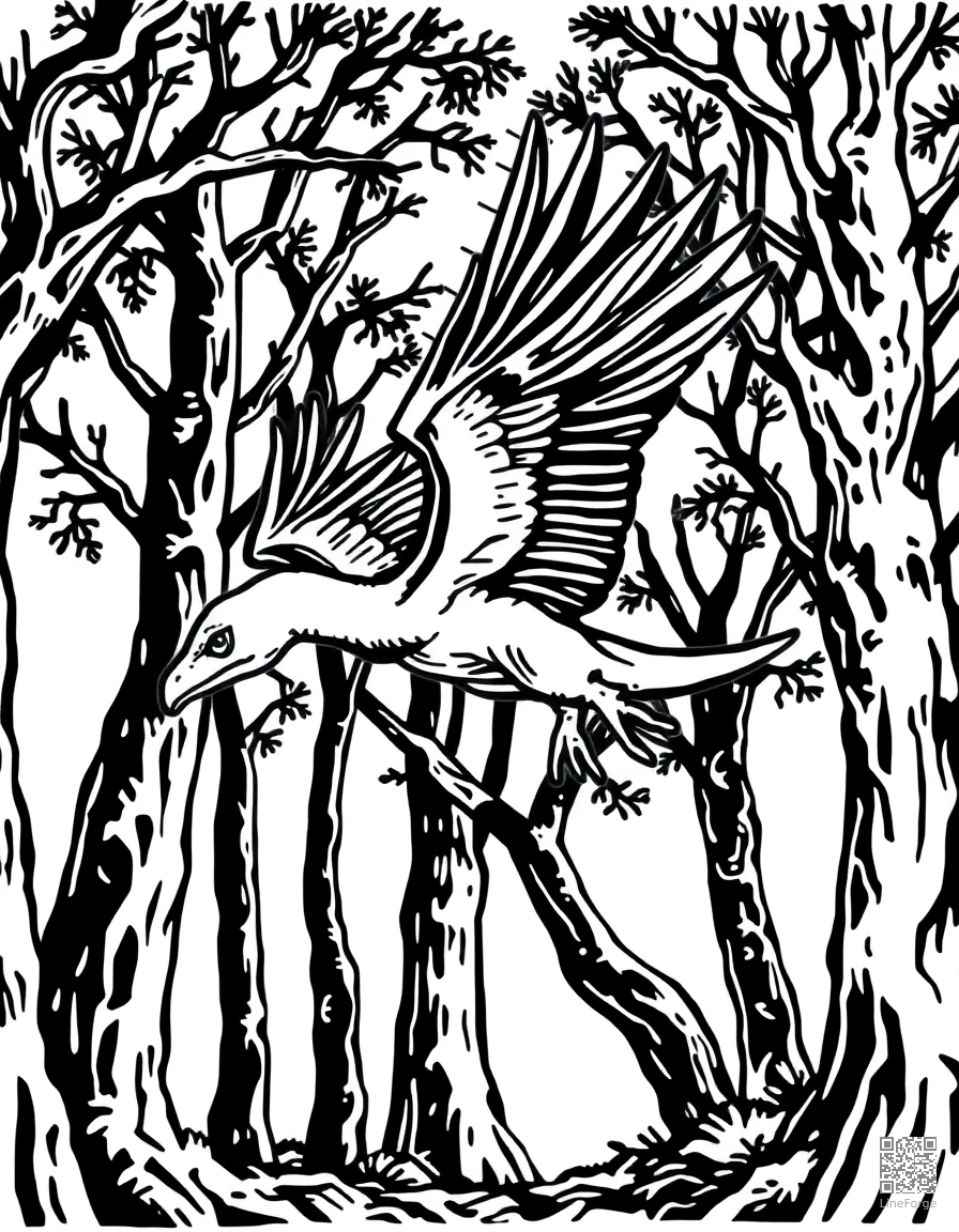 archaeopteryx flying between ancient trees coloring page Woodcut style free printable