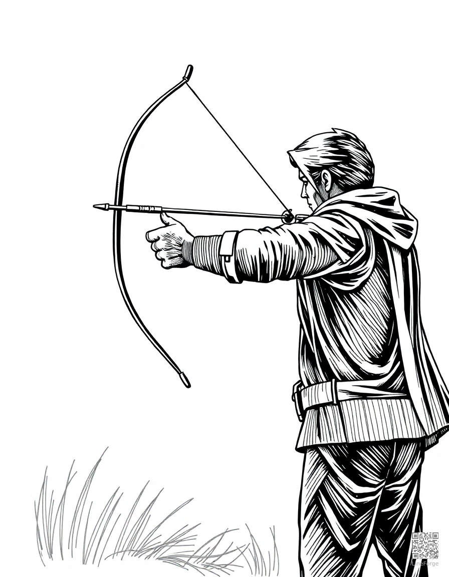 archer aiming at a target coloring page Crosshatch style - free printable