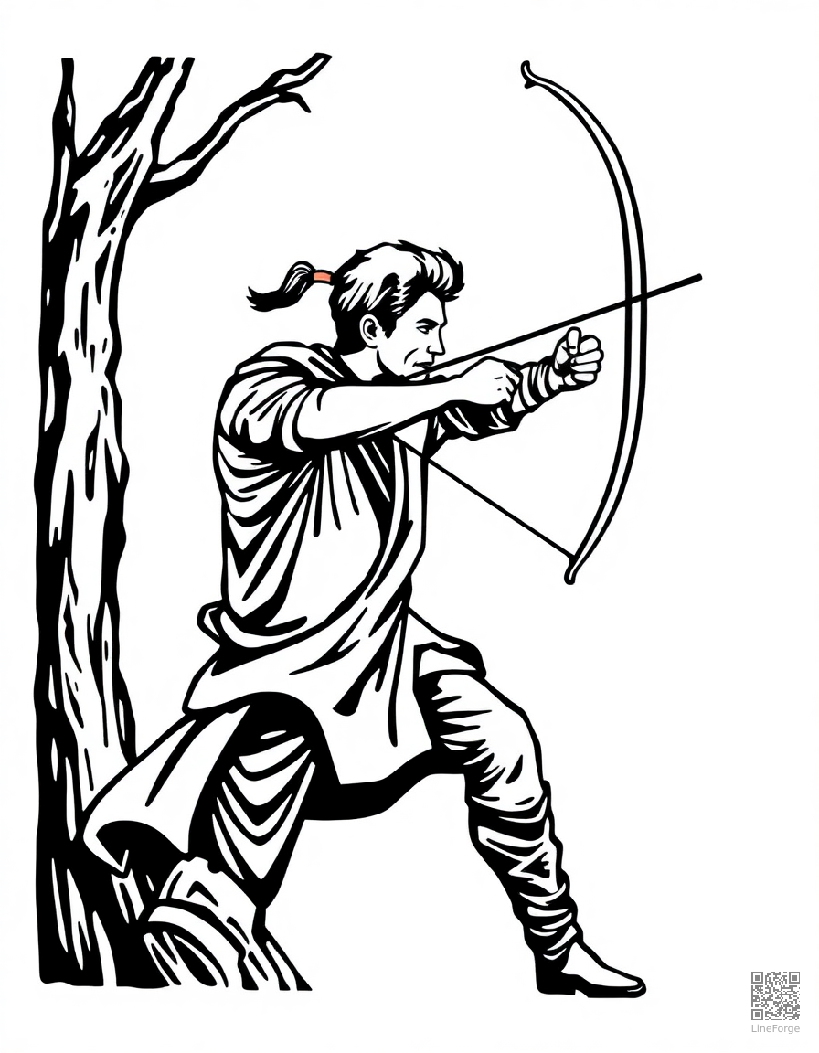 archer aiming at a target coloring page Woodcut style - free printable