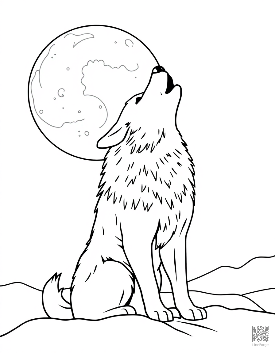 arctic wolf howling at the moon coloring page Contour style - free printable