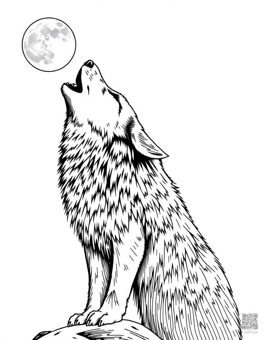 arctic wolf howling at the moon coloring page Crosshatch style - free printable
