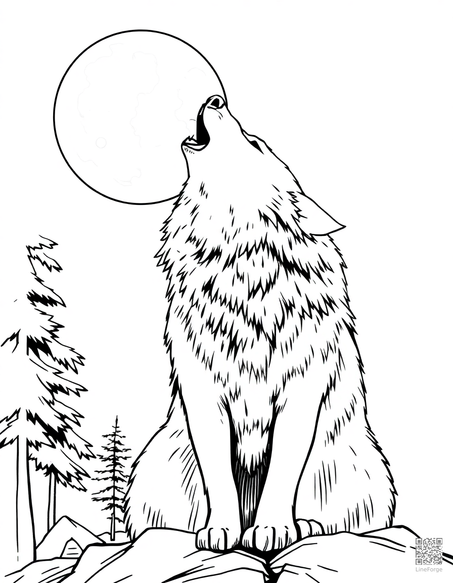 arctic wolf howling at the moon coloring page Manga style - free printable